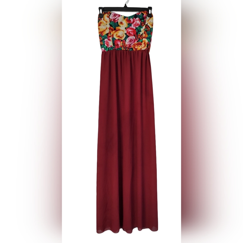Maroon Floral Chiffon Strapless Maxi Dress Size Large
